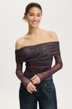 Ashley Off Shoulder Mesh Long Sleeve Top