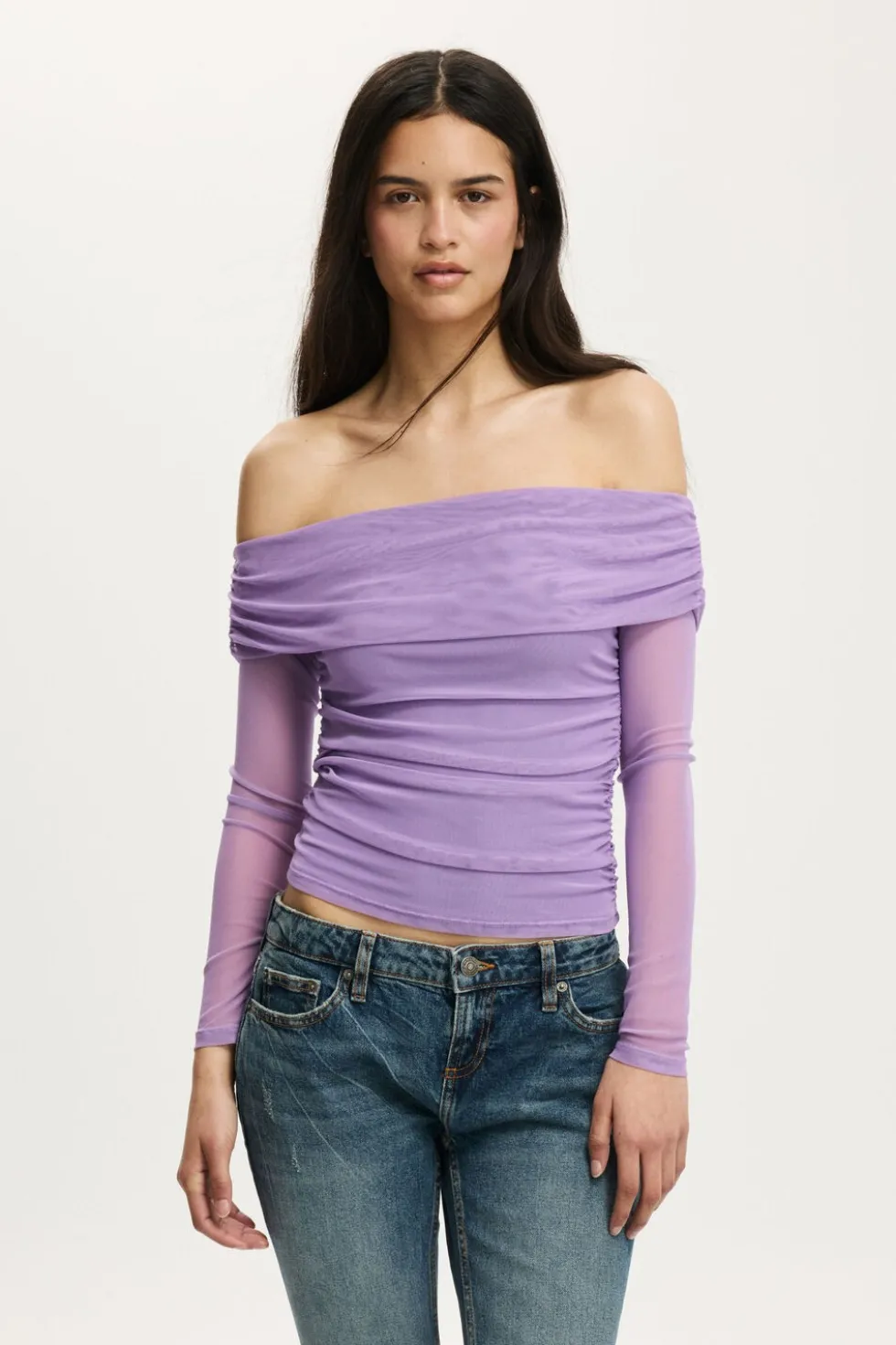 Ashley Off Shoulder Mesh Long Sleeve Top